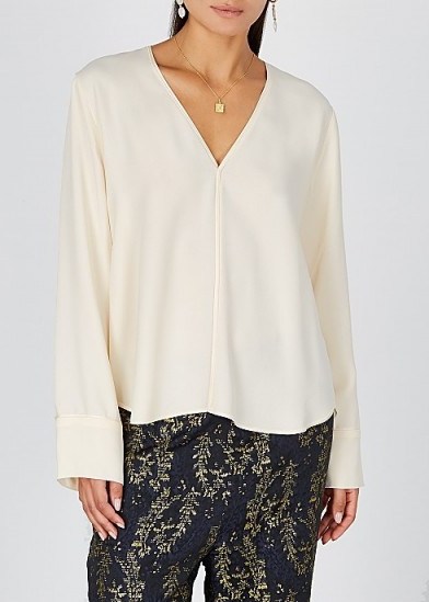 FORTE_FORTE Ivory satin-trimmed blouse | simple luxe blouses - flipped