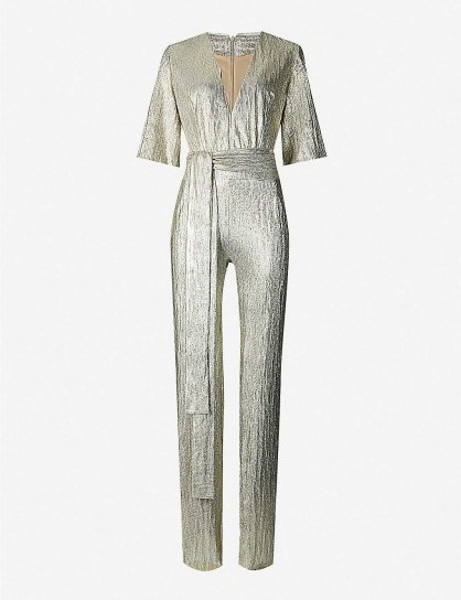 GALVAN Galaxy V-neck metallic jumpsuit in light-gold | glam party wear - flipped
