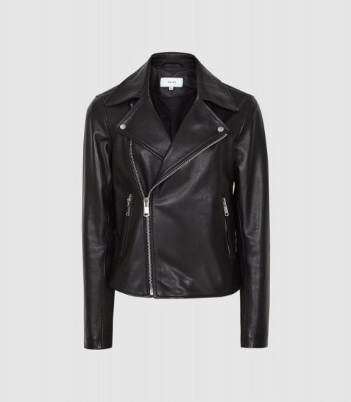 REISS GEO LEATHER BIKER JACKET BLACK ~ casual wardrobe classic - flipped