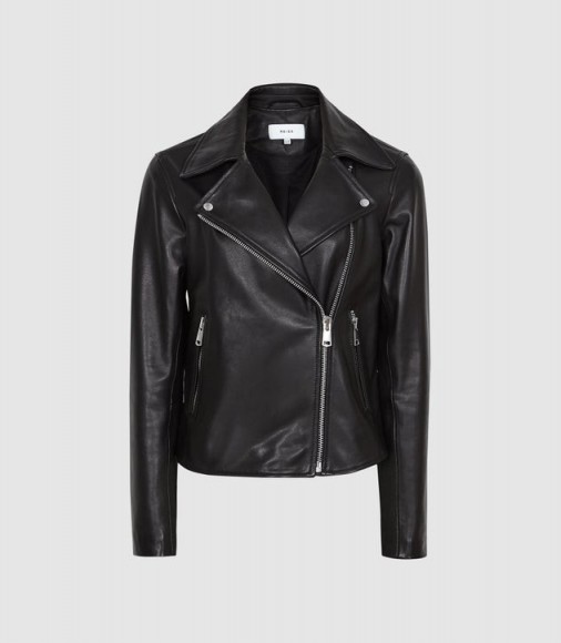 REISS GEO LEATHER BIKER JACKET BLACK ~ casual wardrobe classic