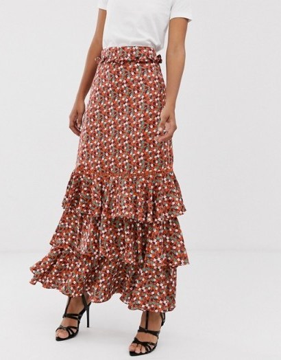 Glamorous Tall midi skirt with ruffle layers in red ditsy floral - flipped