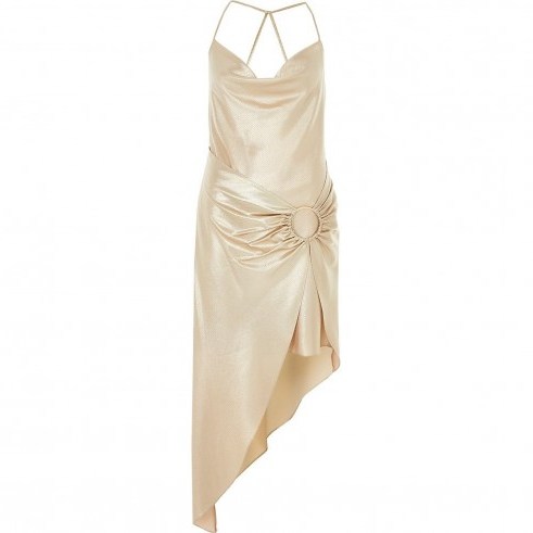 RIVER ISLAND Gold asymmetric slip dress – glamorous party dresses - flipped