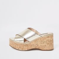 River Island Gold metallic cross vamp wedges | luxe style summer wedged sandals