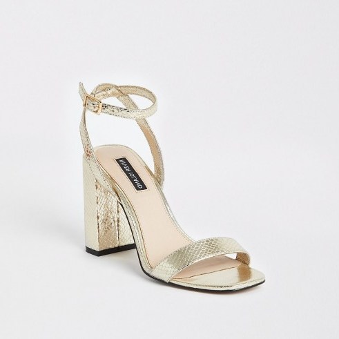 RIVER ISLAND Gold metallic two part block heel sandals – summer party shoes - flipped