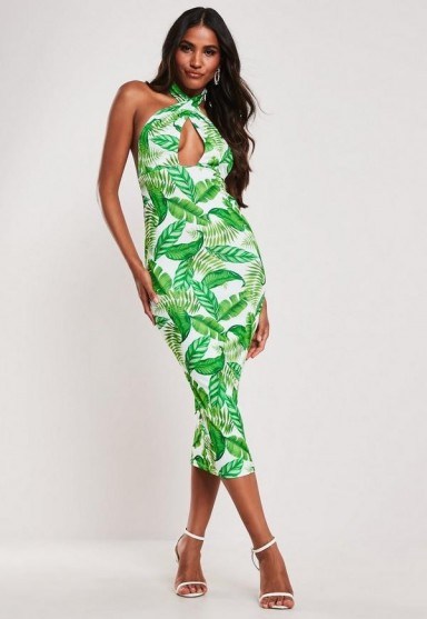 MISSGUIDED green palm print cross front halterneck midi dress – summer party dresses - flipped