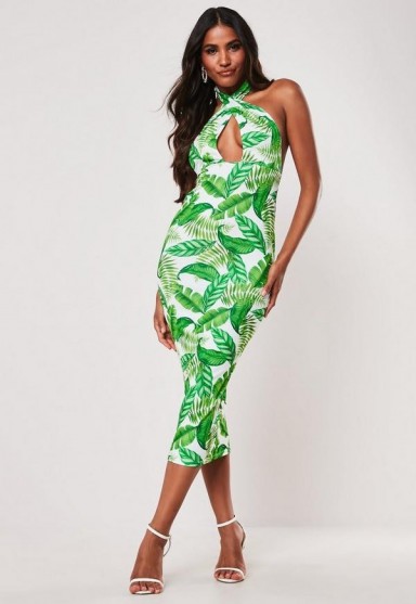 MISSGUIDED green palm print cross front halterneck midi dress – summer party dresses