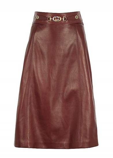 GUCCI Burgundy leather midi skirt ~ luxe A-line skirts ~ classic style clothing - flipped