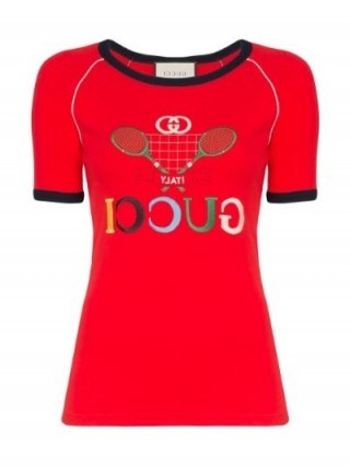 Gucci Tennis Racket Logo Short Raglan Sleeve Cotton T-Shirt in Red / designer tee - flipped