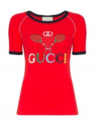 Gucci Tennis Racket Logo Short Raglan Sleeve Cotton T-Shirt in Red / designer tee