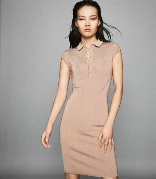 REISS HAILEY BUTTON COLLAR KNITTED DRESS NUDE ~ luxe style knits - flipped