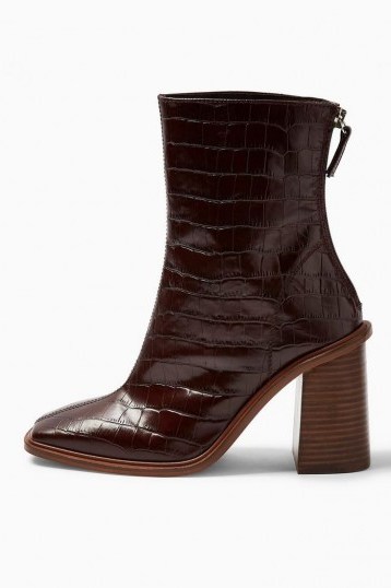 TOPSHOP HERTFORD Burgundy Crocodile Boots – croc embossed block heel boot - flipped