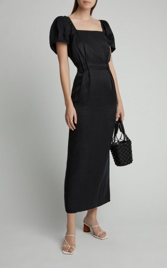 Sir The Label Inez Linen Midi Dress in Black ~ puffed sleeve dresses - flipped