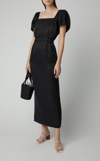 Sir The Label Inez Linen Midi Dress in Black ~ puffed sleeve dresses