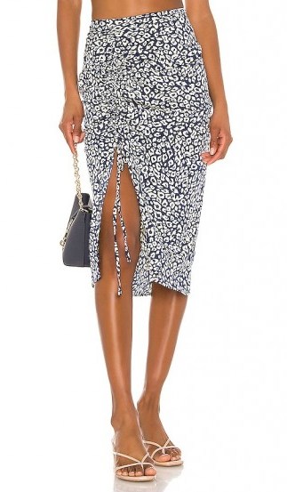 J.O.A. Ruched Skirt in Navy Animal / front split skirts - flipped