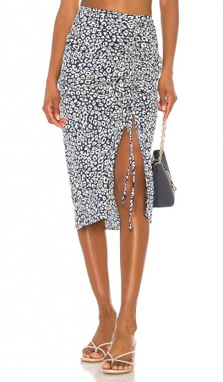 J.O.A. Ruched Skirt in Navy Animal / front split skirts