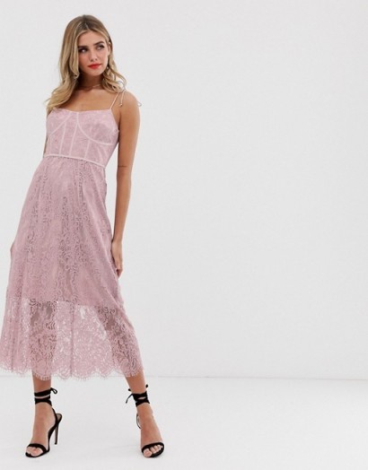 Keepsake sense lace midi dress with corset detail in rose ~ pink strappy dresses
