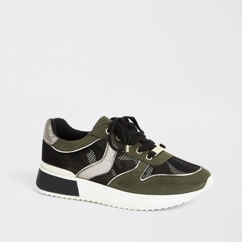 RIVER ISLAND Khaki camo lace-up runner trainers - flipped