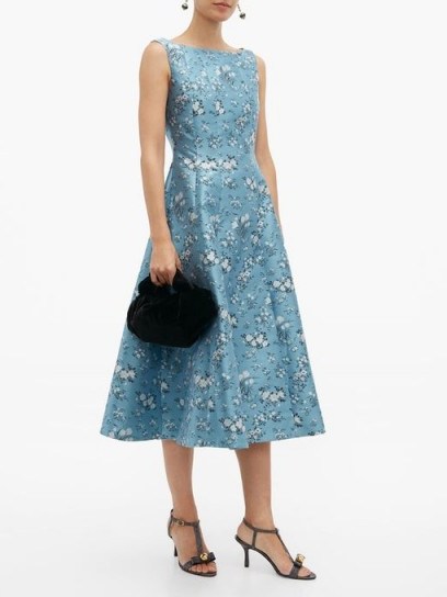 ERDEM Kinsey floral-jacquard midi dress in blue ~ vintage style fit and flare summer dresses - flipped