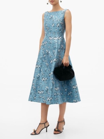 ERDEM Kinsey floral-jacquard midi dress in blue ~ vintage style fit and flare summer dresses