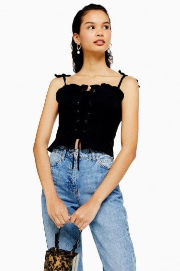 Topshop Lace Up Corset in Black | strappy shoulder tie tops - flipped