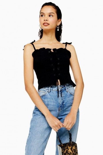 Topshop Lace Up Corset in Black | strappy shoulder tie tops