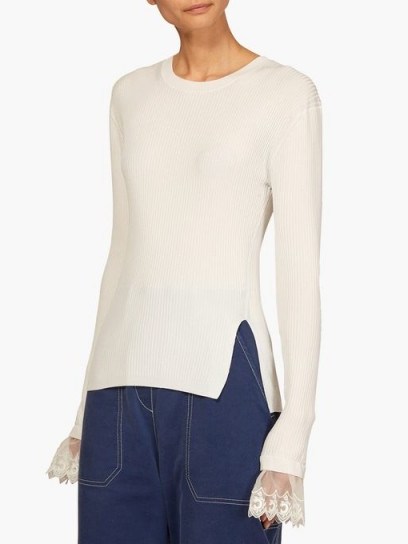 CHLOÉ Lace-trimmed ribbed top in ivory ~ luxe knitwear - flipped