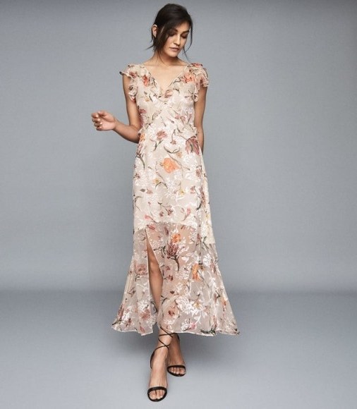 REISS LEILA BURNOUT FLORAL PRINTED MAXI DRESS PINK ~ semi sheer summer event dresses - flipped