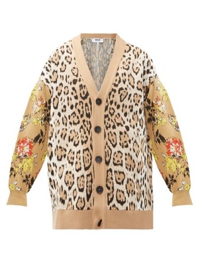 MSGM Leopard and floral-intarsia cardigan in beige ~ mixed pattern cardigans - flipped
