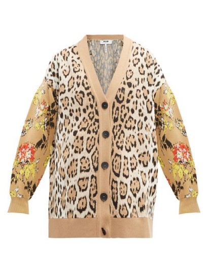 MSGM Leopard and floral-intarsia cardigan in beige ~ mixed pattern cardigans