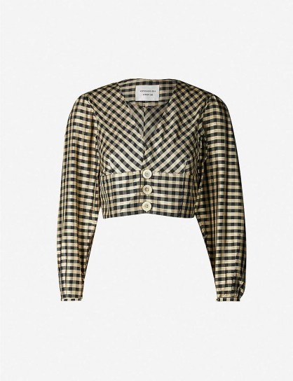 LES COYOTES DE PARIS Brune checked V-neck cropped silk top in gold vichy check - flipped