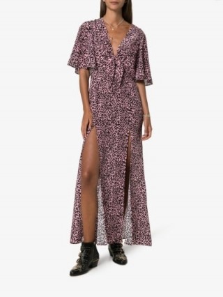 Les Reveries Pink Leopard Print Side Slit V-Neck Maxi Dress