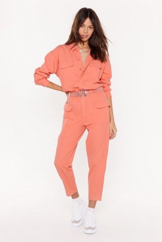 NASTY GAL Let’s Make It Work Denim Belted Boilersuit in Coral ~ bright cropped leg boilersuits - flipped
