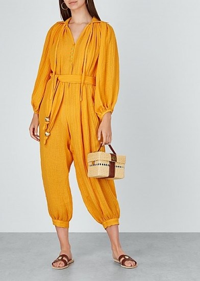 LISA MARIE FERNANDEZ Poet saffron linen-blend jumpsuit ~ chic vacation clothing ~ yellow crop leg jumpsuits - flipped