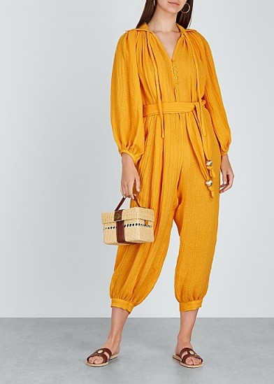 LISA MARIE FERNANDEZ Poet saffron linen-blend jumpsuit ~ chic vacation clothing ~ yellow crop leg jumpsuits