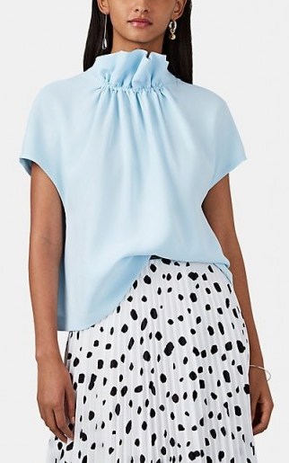 LISA PERRY Silk Crepe Flyaway Blouse in Light-Blue ~ chic gathered high neck blouses - flipped