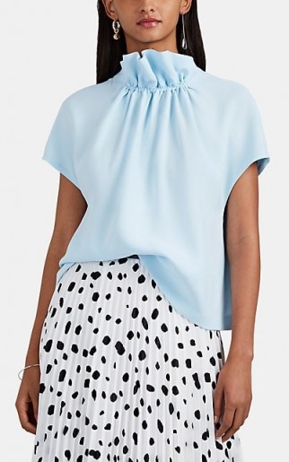 LISA PERRY Silk Crepe Flyaway Blouse in Light-Blue ~ chic gathered high neck blouses