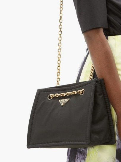 PRADA Logo-plaque black nylon shoulder bag ~ gold-tone chain strap bags - flipped