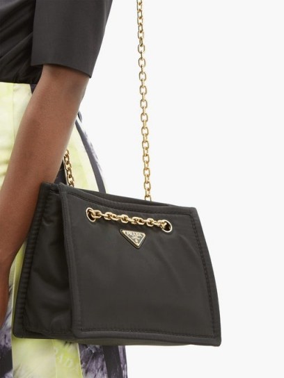 PRADA Logo-plaque black nylon shoulder bag ~ gold-tone chain strap bags