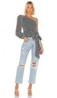 Lovers + Friends Kendall Blouse Black & White – one shoulder with waist tie