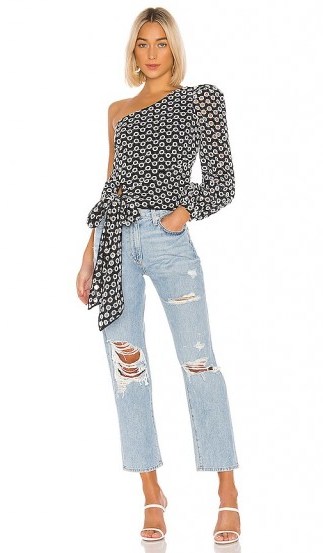 Lovers + Friends Kendall Blouse Black & White – one shoulder with waist tie - flipped