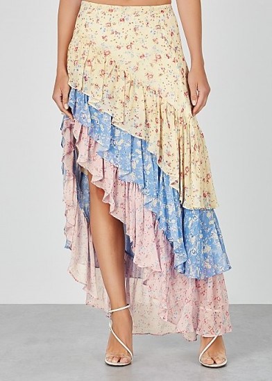 LOVESHACKFANCY Lisette floral-print ruffled silk skirt / multi-tiered skirts - flipped