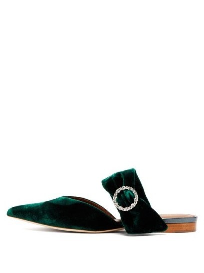 MALONE SOULIERS Maite crystal-buckle emerald-green velvet mules | luxe point toe flats - flipped