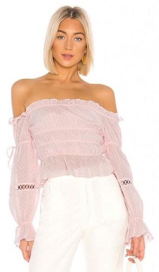 MAJORELLE Harrison Top Baby Pink – frill trimmed off the shoulder - flipped