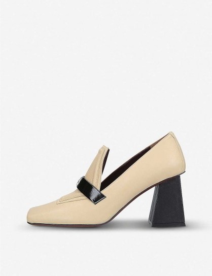 MANU ATELIER Square-toed leather heeled loafers in cream combo ~ stylish block heel loafer - flipped