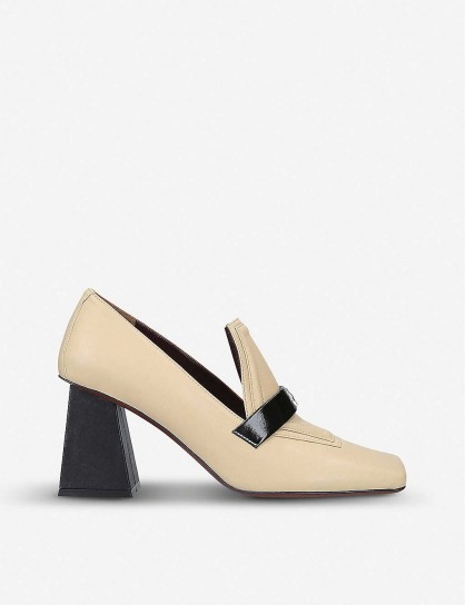 MANU ATELIER Square-toed leather heeled loafers in cream combo ~ stylish block heel loafer