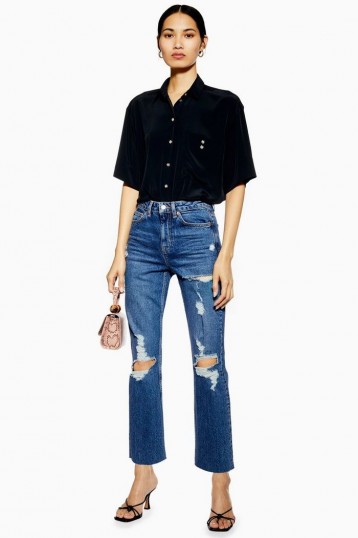 Topshop Mid Blue Destroy Rip Straight Jeans | ripped denim
