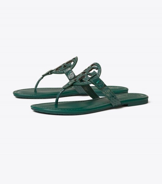 TORY BURCH MILLER SANDAL, EMBOSSED LEATHER in Norwood ~ green summer flats - flipped