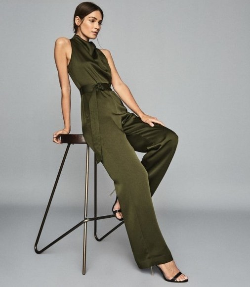 Reiss MILO BELTED JUMPSUIT KHAKI | party glamour - flipped