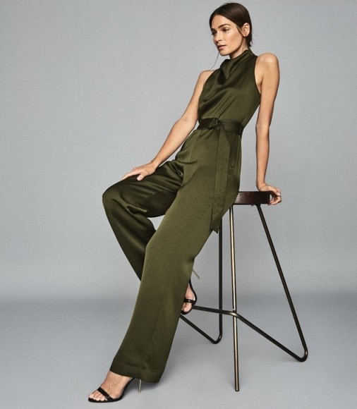 Reiss MILO BELTED JUMPSUIT KHAKI | party glamour