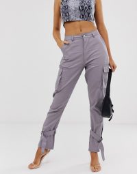Missguided cargo trousers with tie cuff detail in grey